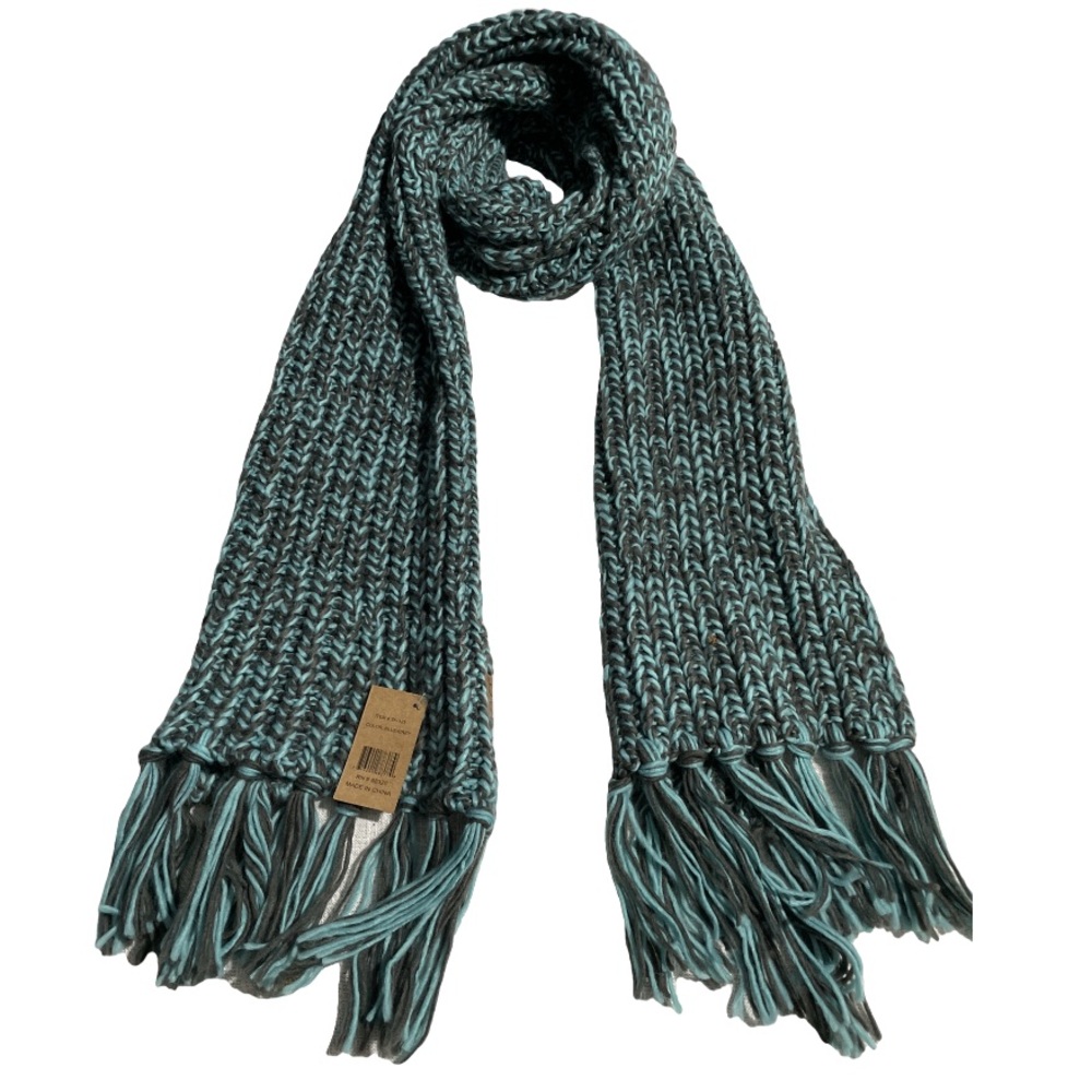 NWT C.C Chunky Crocheted Acrylic Scarf With Fringe Gray/Teal